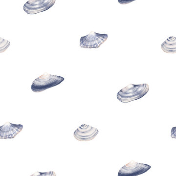 Watercolor seamless pattern with blue seashells, minimalism illustration for textile, print or background. 