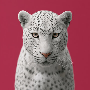 Snow leopard white fur black spot big cat wild animal pink background intense gaze portrait closeup majestic