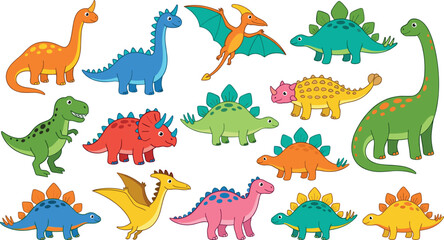 Cute cartoon dinosaur vector set with colorful friendly prehistoric animals including tyrannosaurus rex, triceratops, stegosaurus, and flying pterodactyls © RAJU