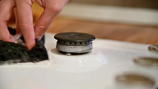 Person's hand turning stove knob on a white kitchen stove
