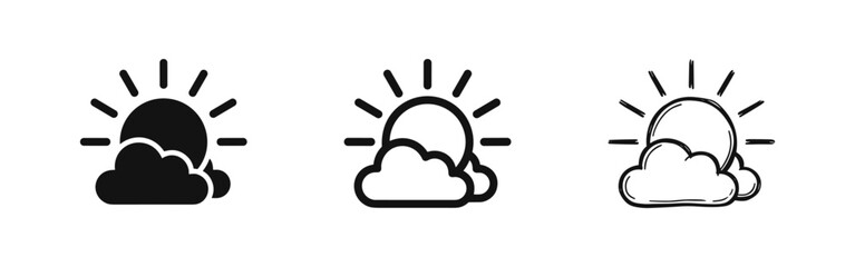 Sun and cloud weather icon set in glyph, outline, and sketch style © drawing lines