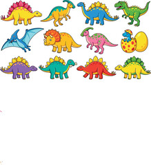 Cute cartoon dinosaur vector set with colorful prehistoric creatures including tyrannosaurus, triceratops, stegosaurus, pterodactyl, and hatching baby egg © RAJU
