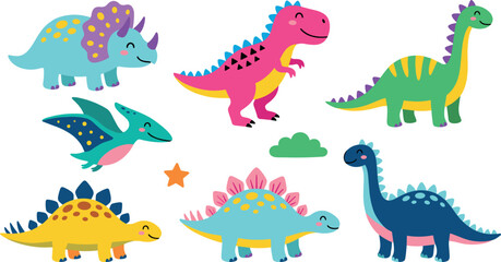 Cute Scandinavian style flat dinosaur vector set with colorful baby jurassic characters for nursery decor and fabric patterns. © RAJU
