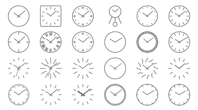 Collection of clock icons representing time management and scheduling