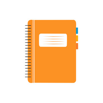 Orange spiral notebook with tabs and label