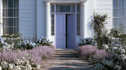 Naklejka premium Elegant lavender blue door white house blooming lavender hydrangea stone path garden floral summer tranquil inviting
