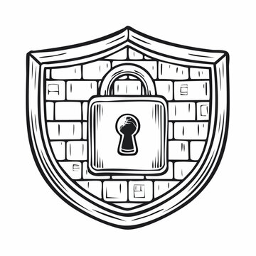 Shield with padlock and brick wall, symbol of security, protection, and safety