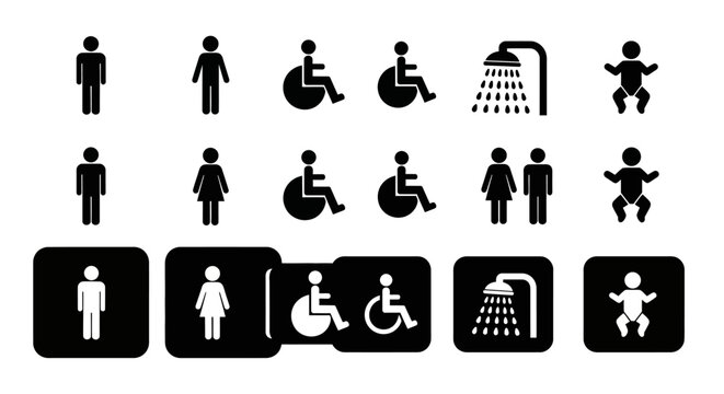 Restroom, toilet, bathroom icons, signs and symbols, black and white vector graphics