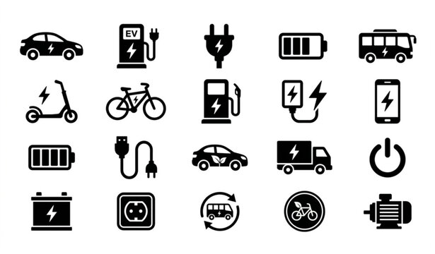 Black and white electric vehicle icon set with EV charging stations batteries and sustainable transportation symbols vector illustration isolated on white background