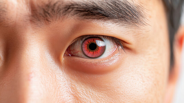 Close up human eye red iris asian male face skin eyebrow pupil gaze portrait