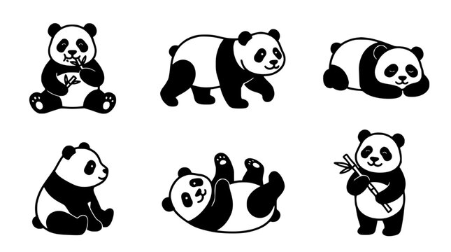 Panda Vector Icons Set with Cute Black and White Cartoon Characters on Clean Transparent Background Featuring Pandas, Animal