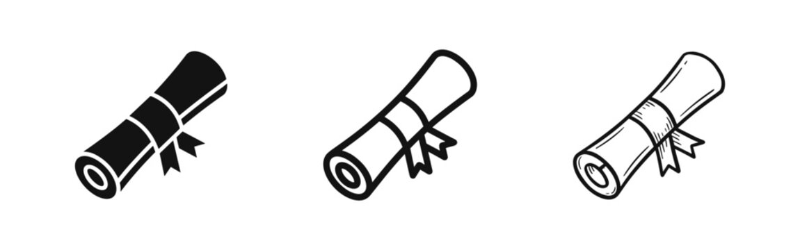 Diploma scroll certificate icon set, graduation degree symbols