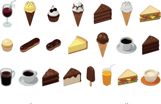 Delicious cafe dessert and beverage icon collection with 3D isometric flat illustrations of pastries, juices, and sweet bakery treats.