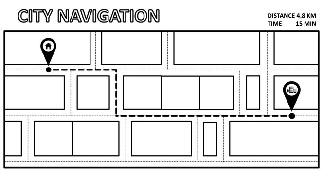 City navigation map layout with distance tracking and location pin markers black line art urban grid vector showing path from home to office.