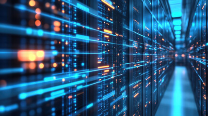 Fototapeta premium Data center corridor digital network server rack blue light glowing line cyber security firewall cloud storage information technology hardware system