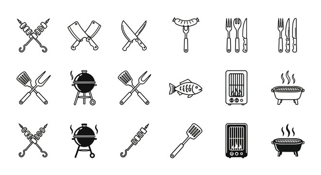 Barbecue, grill, cooking icons, 20 black and white vector symbols, kitchen utensils, BBQ tools