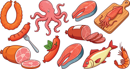 Assorted meat and seafood vector set with sausage ham salmon steak octopus squid fish and shrimp on white background © RAJU