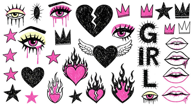 Tattoo, stickers, girl, heart, star, crown, eye, flame, black, pink, temporary tattoo designs, tattoo set, vector graphics