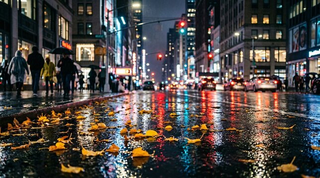 Rain soaked city street at night reflects colorful bokeh circles from traffic lights on the wet pavement alongside bright autumn leaves.