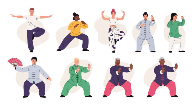 Martial arts, kung fu, vector illustrations, people, exercise, fitness, eight characters