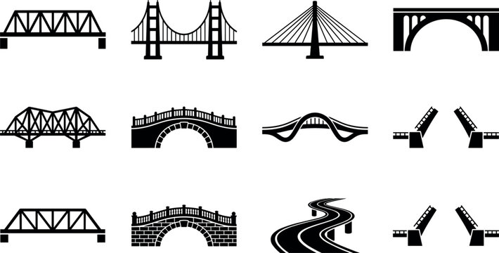 Bridge vector silhouette icon set featuring modern highway overpasses, open bascule drawbridges, truss structures, and traditional stone arch designs.
