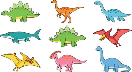 Cute cartoon dinosaur vector collection with colorful prehistoric land creatures, flying pterodactyls, and marine aquatic reptiles for children. © RAJU