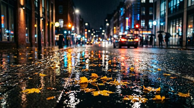 Rain soaked city street at night reflects colorful bokeh circles from traffic lights on the wet pavement alongside bright autumn leaves.