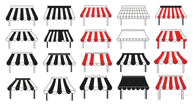 20 Awning, Canopy, Stripe, Fabric, Storefront, Building, Vector Icons
