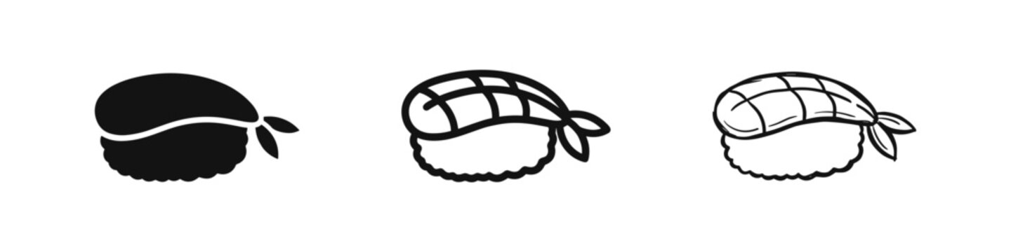 Set of sushi nigiri icons, vector illustration in solid, outline, and sketch styles