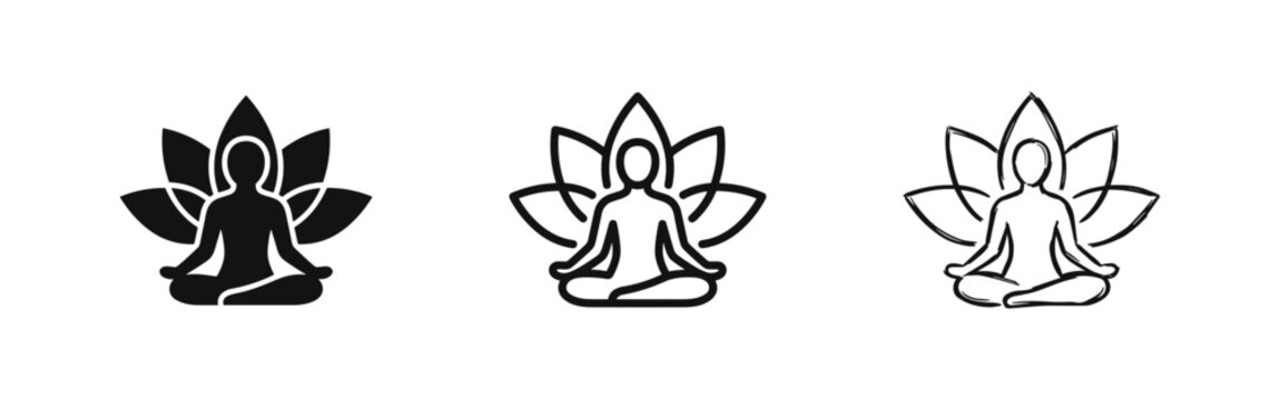 Person meditating in lotus position icon set, vector yoga and mindfulness symbols