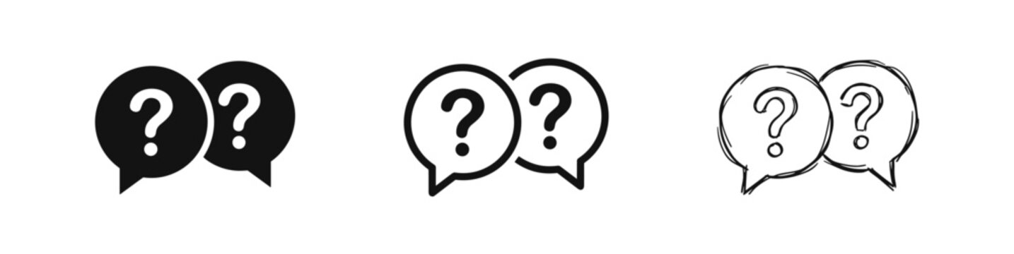 Set of speech bubble icons with question marks, silhouette, outline and hand-drawn style