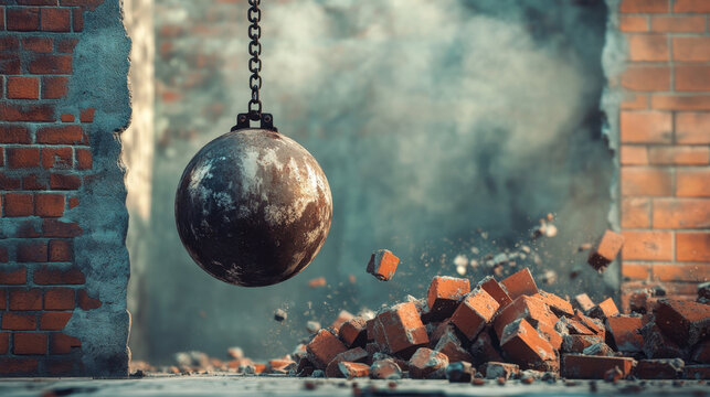 Wrecking ball hitting brick wall with debris and dust, demolition scene in construction site