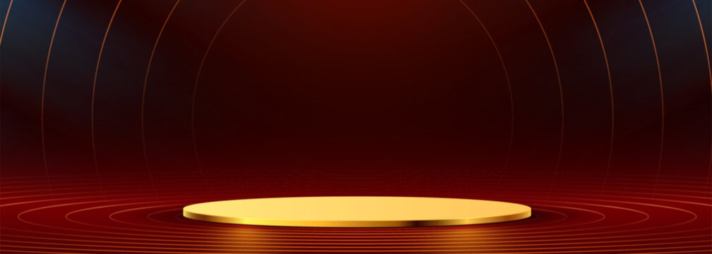 Golden podium with circular lines on a dark red background. Luxury stage for product display. Vector illustration.