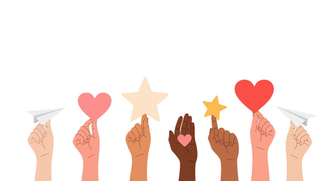 Diverse hands holding hearts, stars, and symbols, equality and love vector icons
