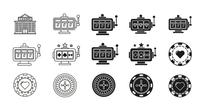 Casino icons, slot machine symbols, poker chips, 16 graphics