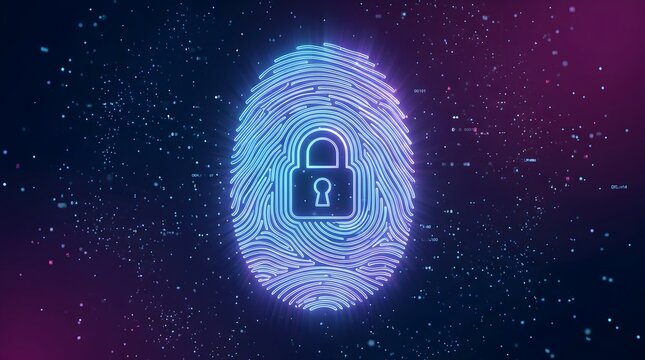 Glowing digital fingerprint with a central padlock icon representing advanced biometric cybersecurity and personal identity protection