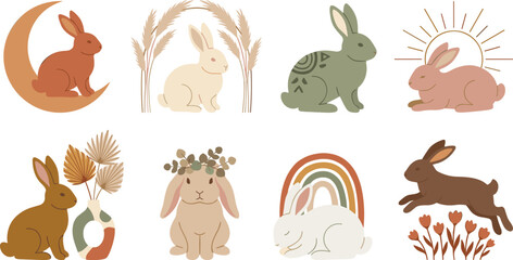 Fototapeta premium Boho Bunny Illustration Collection with Rainbow Moon Floral Elements and Minimal Rabbit Characters for Nursery Easter and Scandinavian Designs