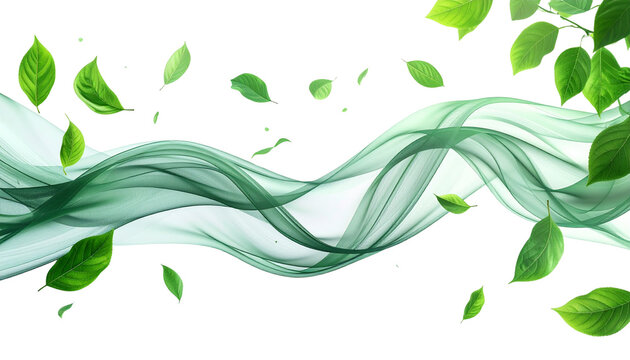 Elegant swirling wind gusts illustrated with realistic transparent airflow ribbons and floating leaves, clean weather icon concept, isolated on transparent background