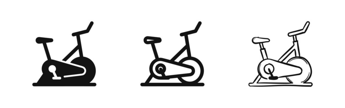 Stationary exercise bike icons in solid, outline, and sketch styles