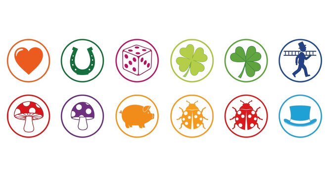 Lucky icons, good fortune symbols, 10 charm icons, colorful luck signs