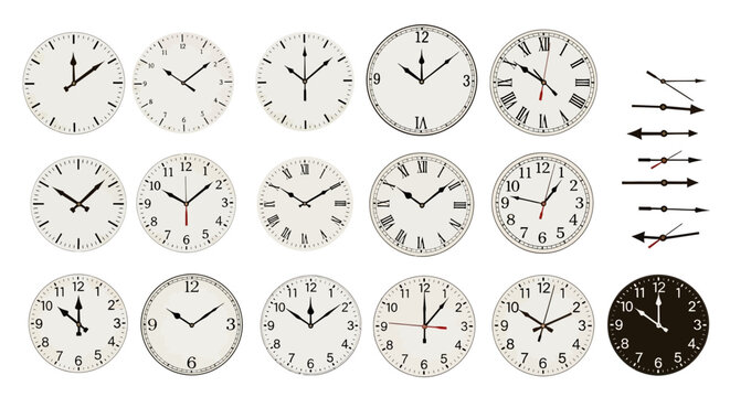 Clock faces, analog timepieces, watch dials, 16 icons, vector graphics
