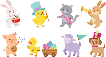 Fototapeta premium Cute Party Animal Character Collection with Bunny Chick Lamb Puppy Pig and Rabbit Musicians for Birthday and Celebration Designs