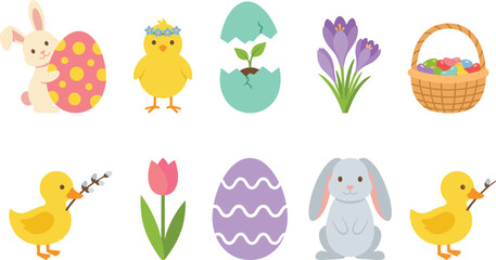 Fototapeta premium Cute Easter Illustration Set with Bunny Chick Decorative Eggs Spring Flowers and Holiday Elements for Seasonal Nursery and Kids Designs