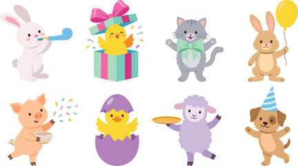 Fototapeta premium Cute Party Animal Character Collection with Bunny Chick Kitten Lamb Puppy and Pig Illustrations for Birthday and Kids Celebration Designs