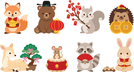 Obraz premium Cute Woodland Animal Character Collection with Fox Bear Rabbit Raccoon Deer and Chinese New Year Elements for Kids and Nursery Designs