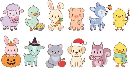 Obraz premium Cute Seasonal Baby Animal Character Collection with Bunny Lamb Duck Deer Puppy and Holiday Illustrations for Nursery Stickers and Kids Designs