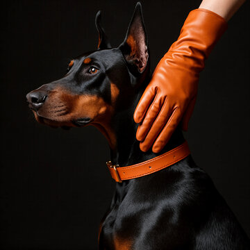 Side profile of a sleek black and tan Doberman Pinscher wearing a premium orange leather collar while a hand in a matching long leather glove gently pets its neck on a dark background.