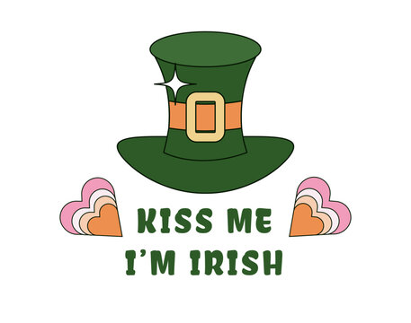 Kiss Me I'm Irish groovy retro St Patrick's Day t-shirt design template. 1970s style green leprechaun top hat with buckle, gold sparkle, and colorful hearts. Cute typography sublimation vector illustr