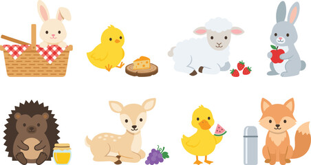 Fototapeta premium Cute Forest Animal and Farm Baby Illustration Set with Rabbit Fox Hedgehog Lamb Chick and Picnic Elements for Nursery Designs