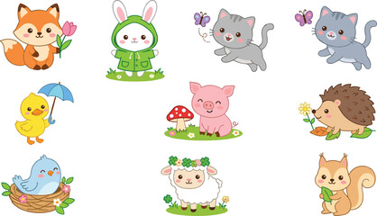 Obraz premium Cute Woodland Animal Character Collection with Fox Rabbit Cat Pig Hedgehog and Bird Illustrations for Kids Stickers and Nursery Designs